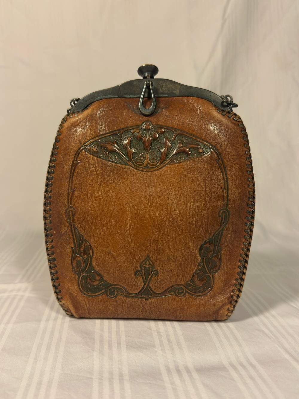 Antique 1915 Tooled Leather Frame Purse Art Nuvou Brown Crossbody Handbag